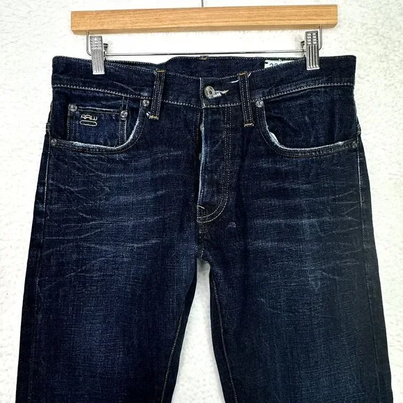 G Star Raw 3301 Jeans Mens Sz 32 x32 Blue Low Rise Button Fly Streetwear